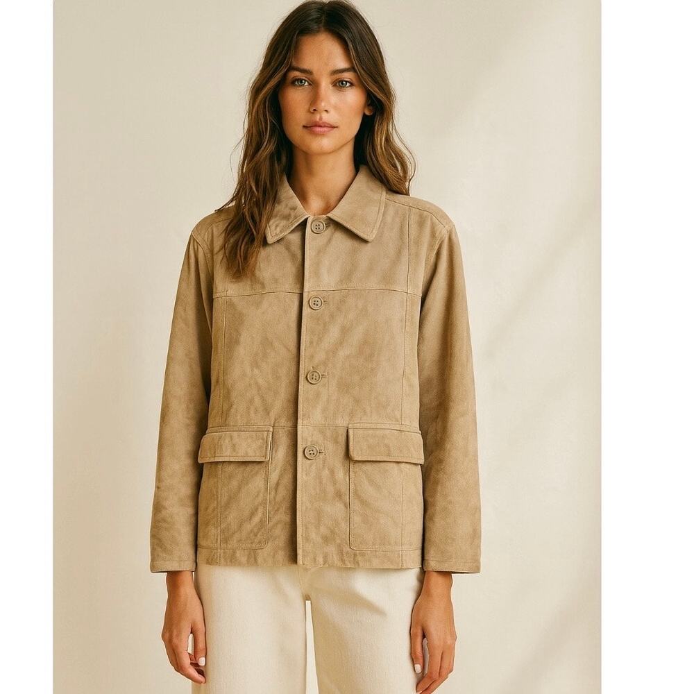 Y2K Ruff Hewn Tan Suede Leather Oversized Jacket Medium 90s Minimalist Chic - Picture 1 of 10